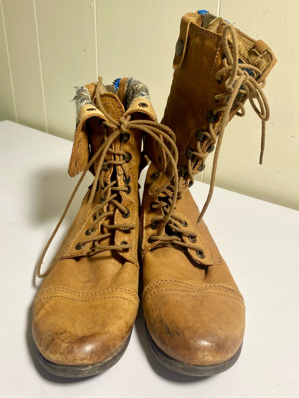 Steve Madden Tan Leather Ankle Boot with Blue Textile Accents